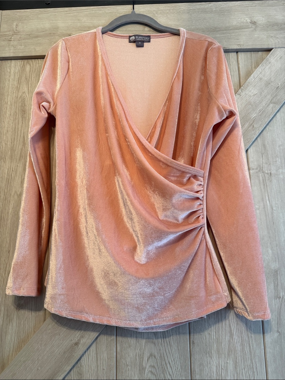 EleStory Blush Pink Velvet Wrap-Front Long Sleeve Top
